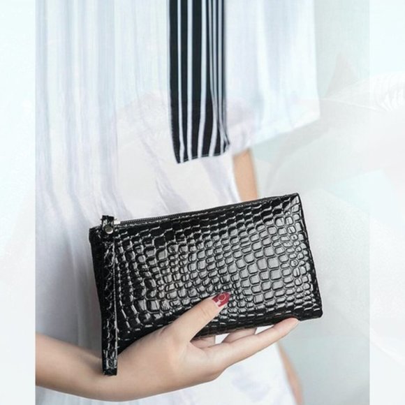 Handbags - New Leather Crocodile Embossed Purse Black 88